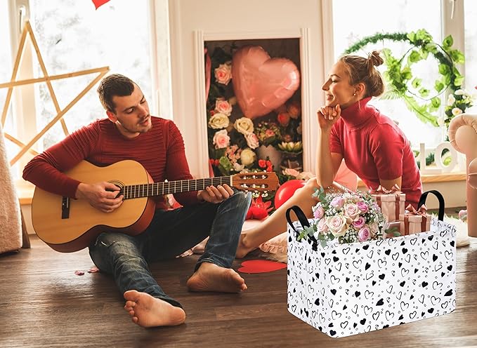 Girls Empty Gift Basket Heart Print Storage Cube for Women, Closet Shelf Organizer Bins with Handles Nursery hamper Kids Toys Books Box Room Deco