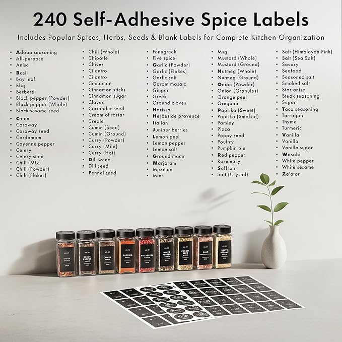 Glass Spice Jars with Label and Stainless Steel Covered/Plated Lids (24 x 4oz) Spice Containers with 240 Labels, Shaker Inserts, Steel Funnel, Empty Square Empty Square Seasoning Organizer