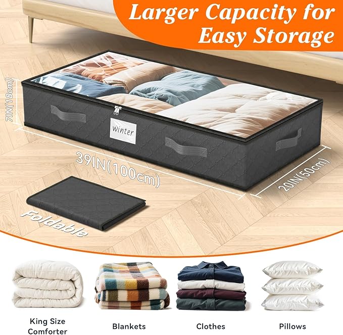 SpaceWhisper 90L Under Bed Storage Containers, 4-Pack Storage Bins with Clear Top, Foldable Closet Organizers and Storage with Label Holder for Clothing, Blankets, Comforter & Pillows (Grey)