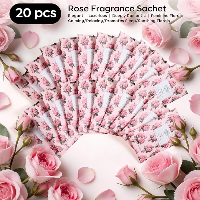 MYARO 20 Packs Rose Scent Sachet Air Freshener for Home Car Closet Drawer Shoe Odor Eliminator Long Lasting Deodorizer