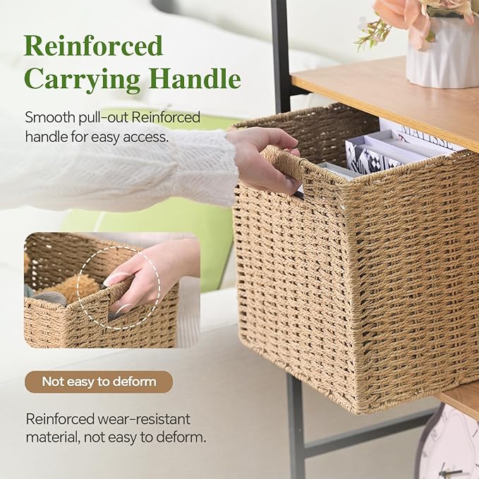 Woven Wicker Storage Baskets 2-Pack, 11x11 Handwoven Paper Rope Organizer Bins, Foldable Cube Storage Cubes with Built-in Handles for Shelves and Closet Organization(Natural Beige)