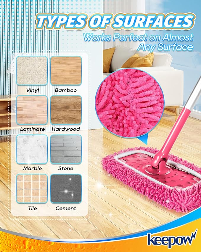 Keepow 8 Pack Reusable Mop Pads Compatible with Swiffer Sweeper, Chenille Mop Refill Pads, Dry & Wet Mopping Cloths for Floor Cleaning -Pink