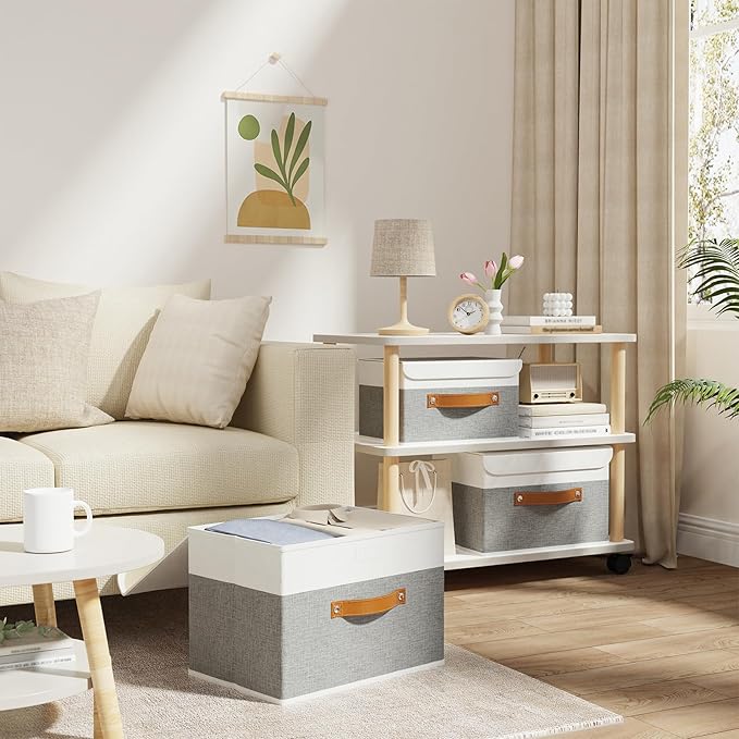 OUTBROS Large Fabric Storage Box with Lid, Collapsible Wardrobe Organiser, Linen Cubes For Towels, Clothes, 13 x 9.1 x 7.9 inch (White/Grey, 3-Pack)