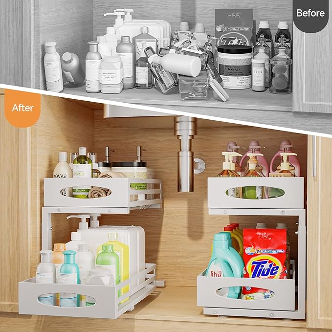 Under Sink Organizer, 2 Tier Under Sink Organizers and Storage, Adjustable Height, Slide out Metal Cabinet Organizers, Pull out Cabinet Storage Drawer Shelf for Kitchen Bathroom White 2Pack