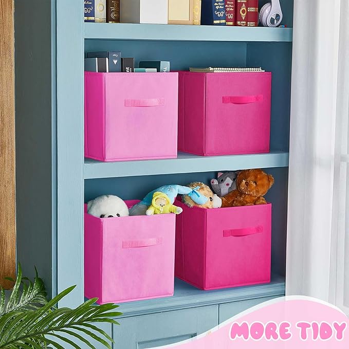 Yinder 12 Pcs Cube Storage Bin Pink 11'' Storage Bins for Playroom Decor Colorful Bins for Kids Foldable Baskets for Nursery Organizer Boxes Fabric Boxes