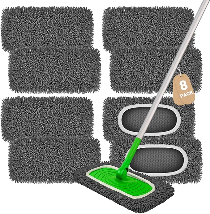 8 Pack Chenille Mop Pads, Reusable Microfiber Mop Refills for 10''–12'' Flat Mops, Washable Wet & Dry Floor Pads for Hardwood, Tile, Compatible with Swiffer Sweeper(Gray)