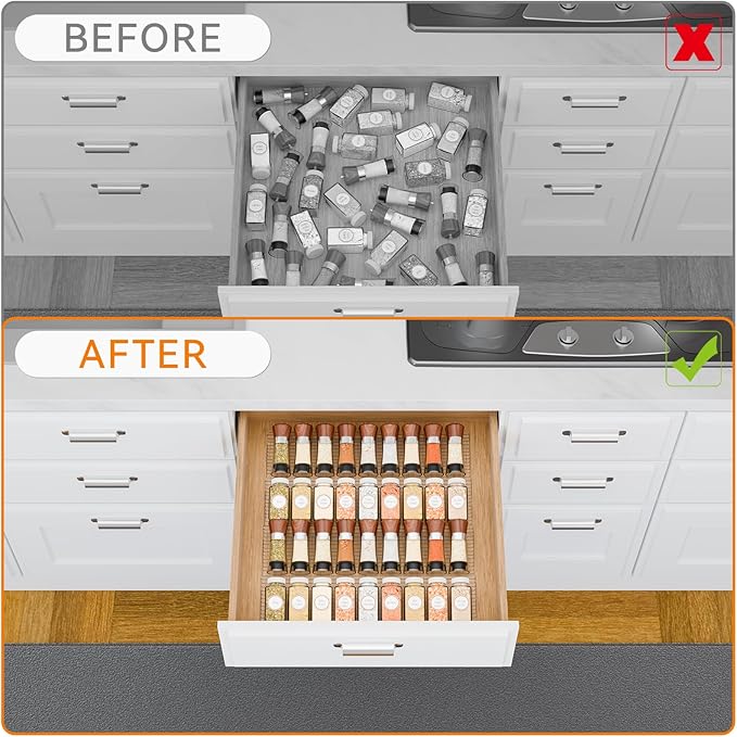 Yieach 4 Pack Adjustable Narrow Spice Rack for Drawer - Expandable From 9" to 17.7" - Acrylic Drawer Seasoning Organizer,Tiered Clear Spice Tray for Spices,Condiment,Nail Polish and Jar Organization