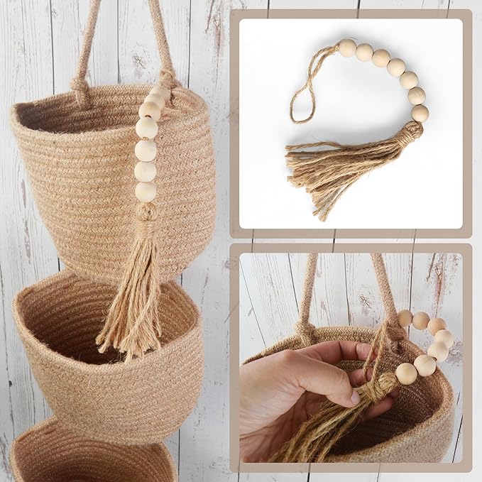 Fabric Wall Hanging Organizers - Small Woven Baskets Pouches Set Boho Style Wall Mounted Bag with Adhesive Hook, Storage Decoration Pocket Caddy for Closet Playroom RV Nursery (Linen & Black)