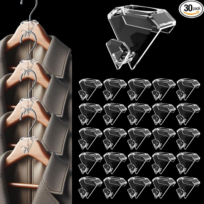 SLMT Space Saving Hanger Hooks 30 Pack, Clear Clothes Hanger Connector Hooks, Dorm Room Essentials, Closet Organizers and Storage (Clear)