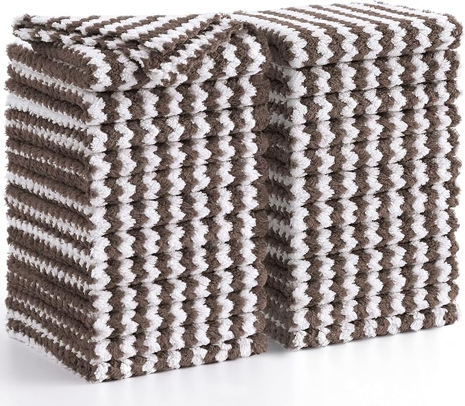 Homaxy 24 Pack Kitchen Dish Cloths, Ultra Soft and Absorbent Dish Towels, Reusable Fast Drying Microfiber Cleaning Cloth, Coral Velvet Wave Design No-lint, 10 x 10 inches, Brown