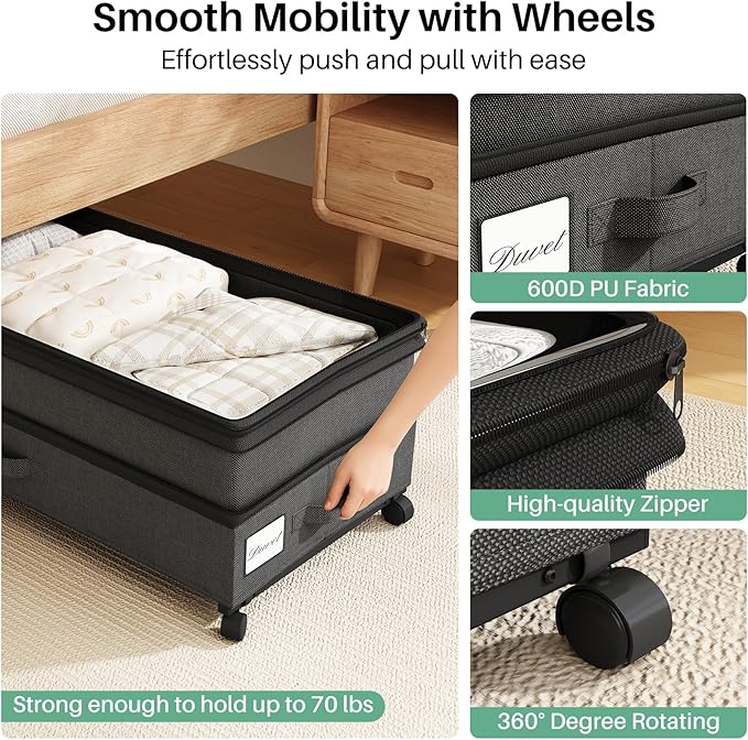 Kitstorack 4 Pack Height-adjustable Under Bed Storage with Wheels, Under Bed Storage Containers,Under Bed Shoe Storage Organizer with Clear Window&Label, Suitable for Clothes Storage, Black