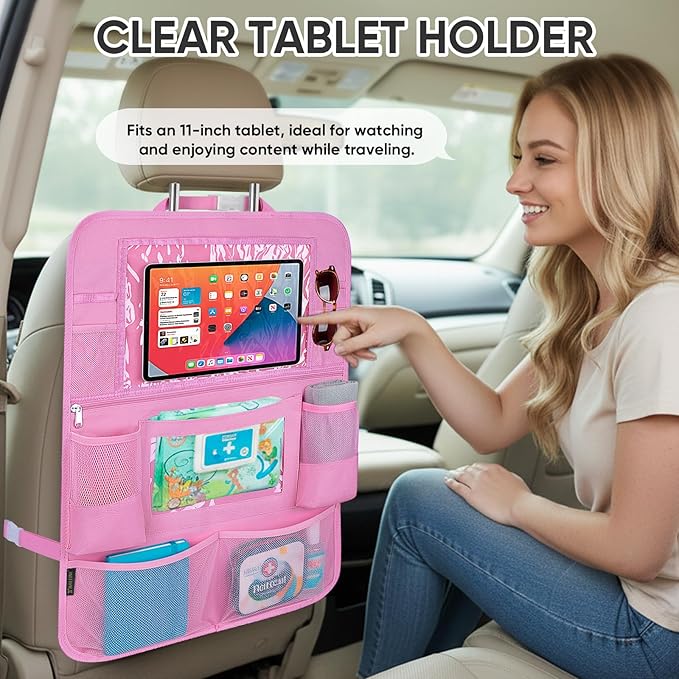 BALEINE Backseat Car Organizer, Back Seat Car Organizers and Storage, Kick Mats Back Seat Protector, Travel Accessories for Most Automotive (2 Pack, Pink)