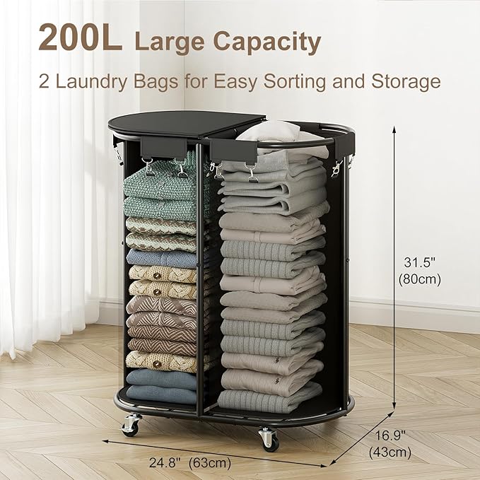 Chrislley 200L Double Laundry Hamper with Wheels and Lid, Large Oval Rolling Laundry Basket 2 section, Laundry Cart with Removable Bags and Iron Frame, Dirty Clothes Hamper for Home, Dorm, Black