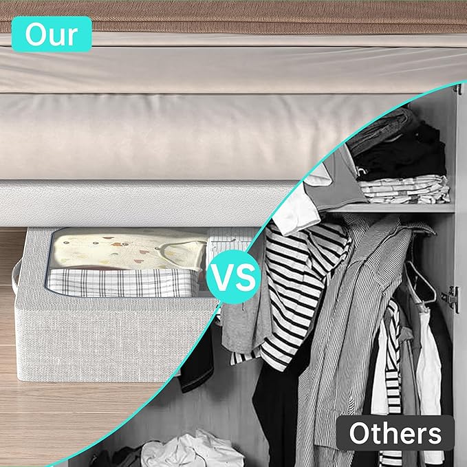 Under Bed Storage Bins with Metal Frame, Linen Fabric Frame Storage Box Clothes Organizer Bins, Underbed Container with Clear Window (Light Grey, 15.7 x 13 x 6IN)