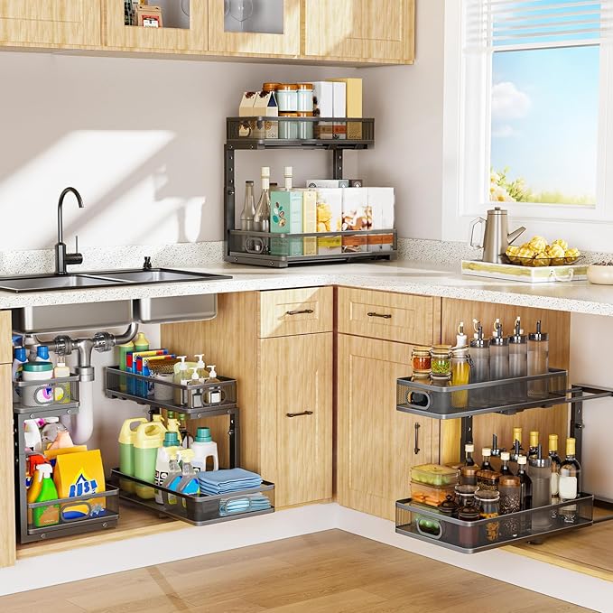 Under Sink Organizer, High Adjustable 2 Tier Under Sink Organizers and Storage, Slide Out Metal Cabinet Organizers, Pull Out Sink Storage Drawer Shelf for Kitchen Bathroom Cabinet, Black, 2 Pack