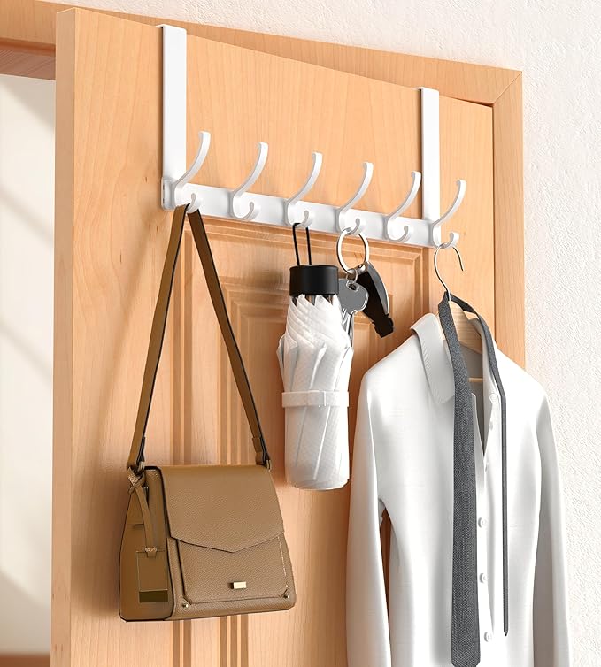 CHAUNCEY HOME Over The Door Hooks Hanger with 7" Arms, Door Hooks for Hanging, Fit 1 3/4" Door, Tool-Free Assembly, F7U, Towel Racks Organizer Holder for Bathroom - White