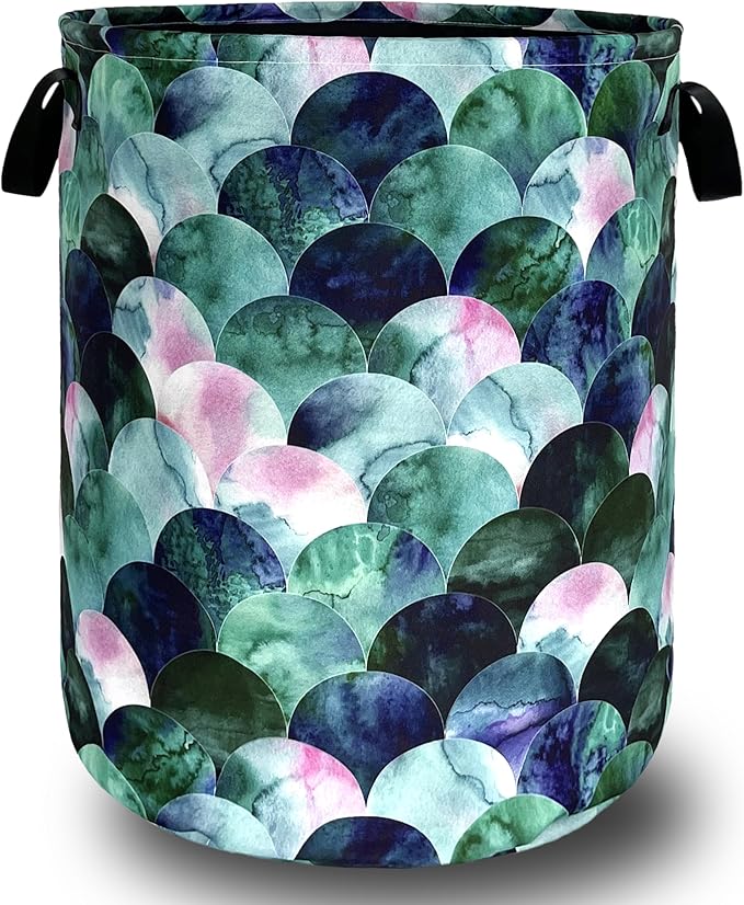 Green Mermaid Scales Laundry Basket Beautiful Scale Funny Laundry Hamper Foldable Oxford Cloth Colorful Tote Bag Clothes Toy Storage Bucket 18.9"x16.5" For Bathroom/Laundry Storage/Bedroom
