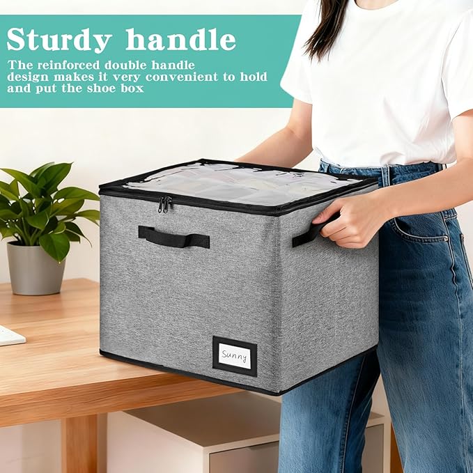 Shoe Organizer for Closet, Stackable Shoe Box w/Clear Cover & Reinforced Handles, Fits 16-32 Pairs, Adjustable Dividers for Sneakers Heels, for Home Travel Entryway, Grey