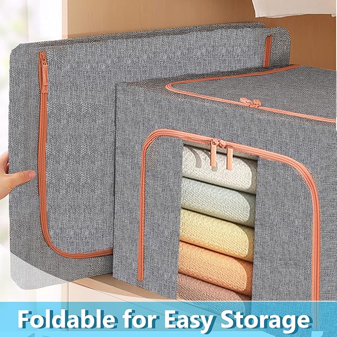 SWEERI Extra Large Clothes Storage Bins with Metal Frame, Foldable Organizer for Home Organization, 2-Way Zipper, Clear Window Storage Bags for Clothes, Bedding, Seasonal Storage, 100L x 3Pack