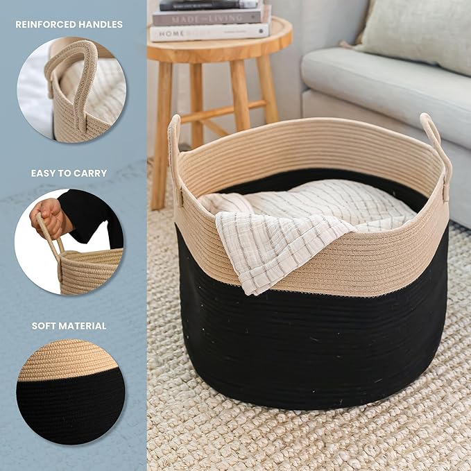 OrganiHaus Large Woven Storage Basket for Blankets and Toys 20" x 13" Inch, Rope Laundry Basket with Handles, Cushions & Pillows Storage Bin, Nursery Hamper, Soft Round Dog Toy Bin - Black/Honey