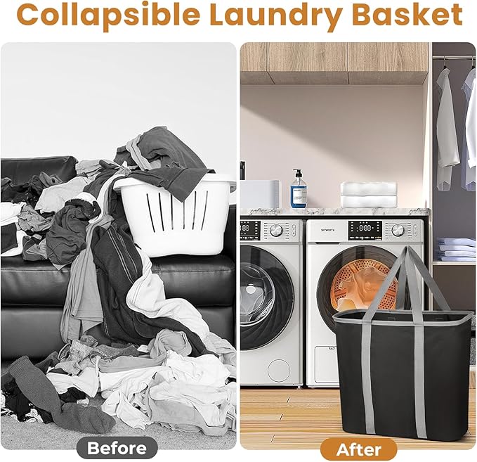 JOMOLA Collapsible Laundry Basket, Large Folding Clothes Hamper Bag, Fabric Laundry Tote Carry All Bin XL Pop Up Baskets with Handles, Waterproof Clothes Storage Basket for Bathroom, Family Black