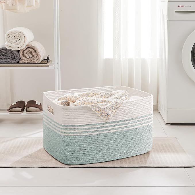 60L Laundry Basket for Living Room Storage, Woven Rope Baskets Bin for Blanket, Kids Toy, Gifts, Wicker Hamper for Bedroom Dirty Clothes, White Green