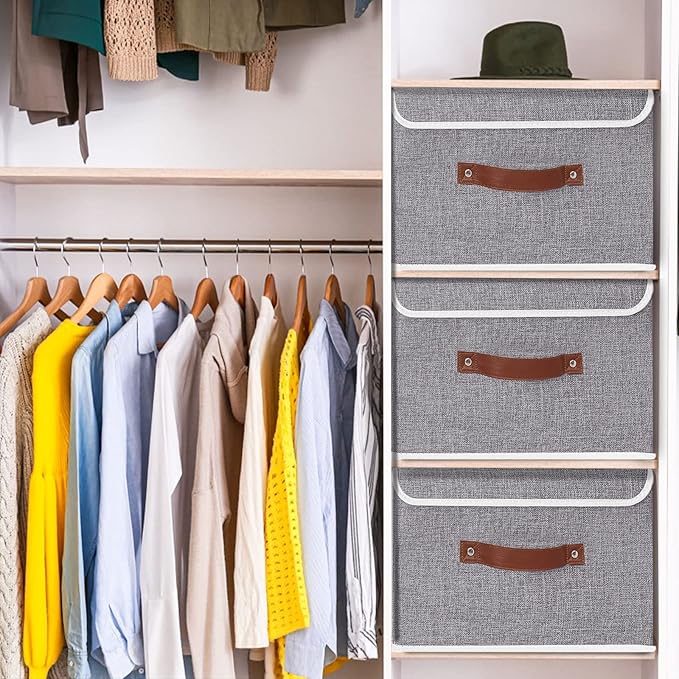 Yawinhe Collapsible Storage Boxes, Foldable Bin with Lids, Cube Clothes Organizer Basket with Handles, Grey, 13.0''Lx9.0''Wx7.9''H, 1-Pack, SNK024GS-1