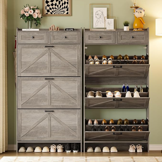 BORNOON Shoe Storage Cabinet for Entryway, Farmhouse Narrow Shoe Cabinet with 3 Flip Drawers & 2 Top Drawers, Adjustable Shelves & Hooks, Freestanding Hidden Rack Organizer for Hallway, Foyer