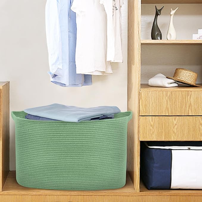 Large Green Baskets for Organizing, 23.6" x 17" x 12" Rectangle Blanket Holder Organizer, Kids Toy Storage Bins, Woven Rope Storage Basket, Green Home Decor Basket, Baby Nursery Storage