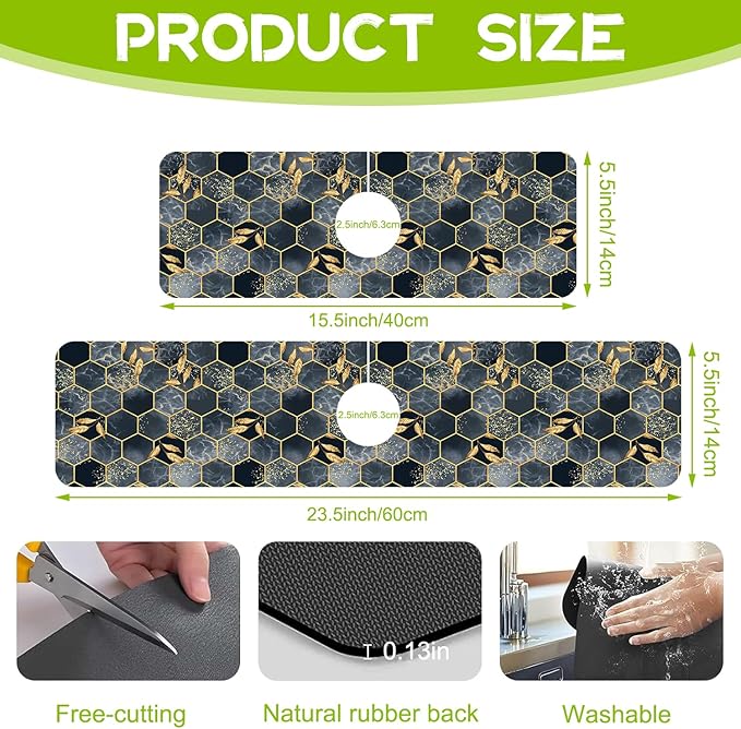 Kitchen Sink Splash Hexagon Marble and Golden Leaves Guard Faucet Mat Super Absorbent Fast Drying Mat Guard Behind Faucet Drip Catcher for Kitchen Bathroom, 15.5"X5.5"