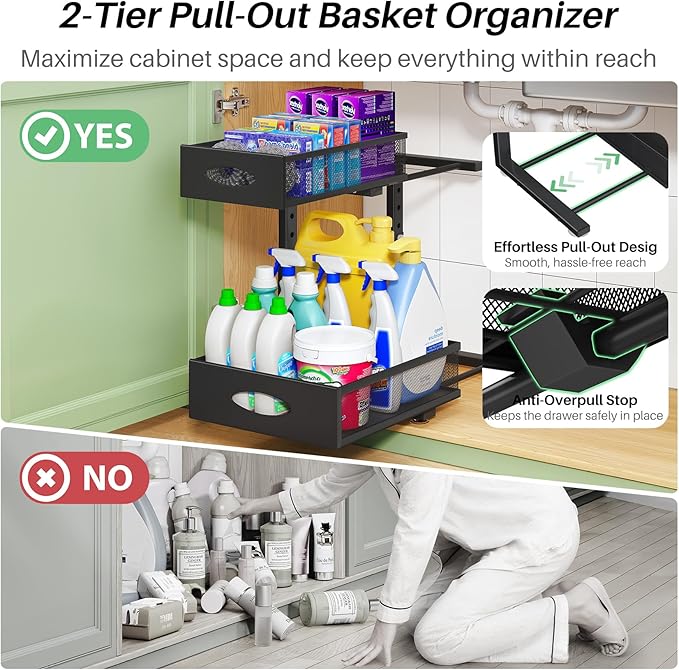 Under Sink Organizer, 1-Pack Pull Out Cabinet Organizer 2 Tier Metal Slide Out Storage Shelf Rack, L-Shaped Adjustable Height,Mesh Sliding Drawer for Kitchen, Bathroom, Laundry, Pantry, Black, XL