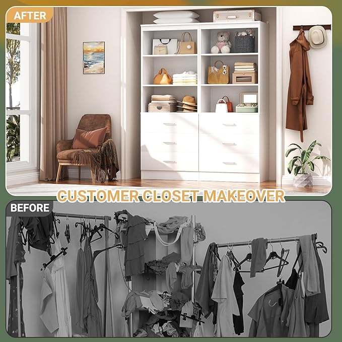 Aheaplus 47.2" Closet Drawers System, 3.94FT Wood Closet Organizer System with 6 Drawers, Modular Small Walk-in Closets Storage Unit, Set of 2, White (47.2" L x 13.8" W x 71" H)