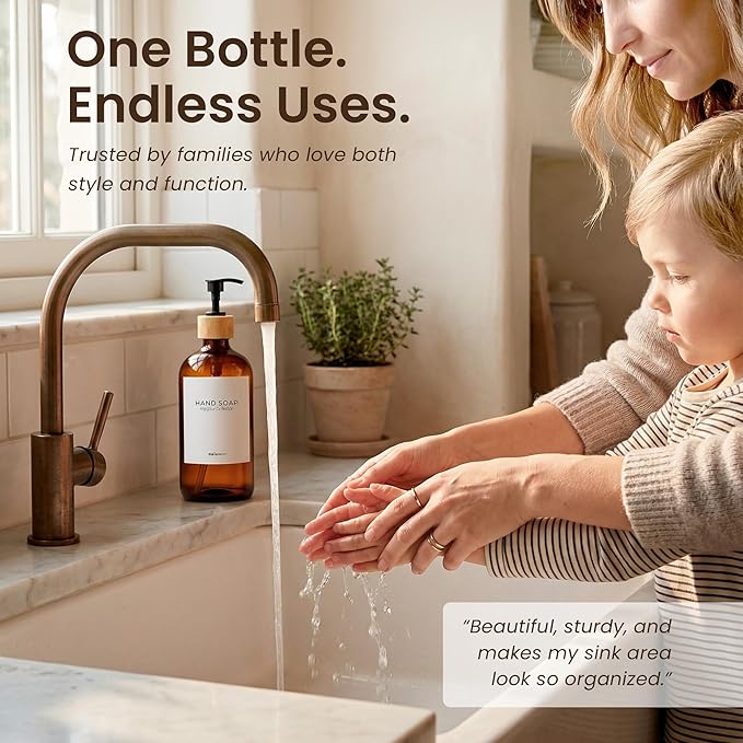 MaisoNovo Glass Hand Soap Dispenser | Dish Soap Dispenser for Kitchen | 16.9oz Amber Bottles with Black Bamboo Pump | Bathroom Lotion Dispenser