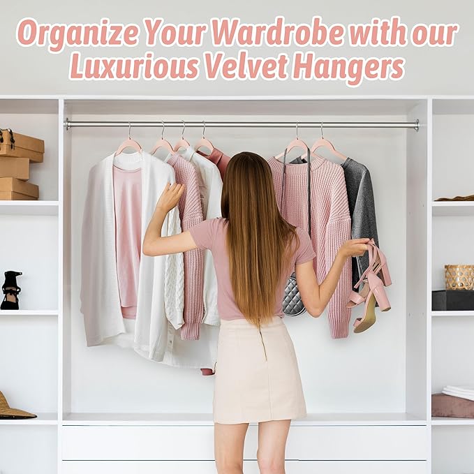 Sishynio Premium Velvet Shirt Hangers 50 Pack, Non-Slip 360° Swivel Hook Space-Saving Felt Hanger, Slim Flocked Hangers for Blouses, Strappy Dresses, Tank Tops(Pink)