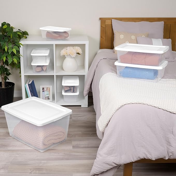 Sterilite 16 Pack Storage Box, 58 Quart Stackable Tote, Clear Plastic Container with Secure Snapping Lids for Home and Office Organization, White