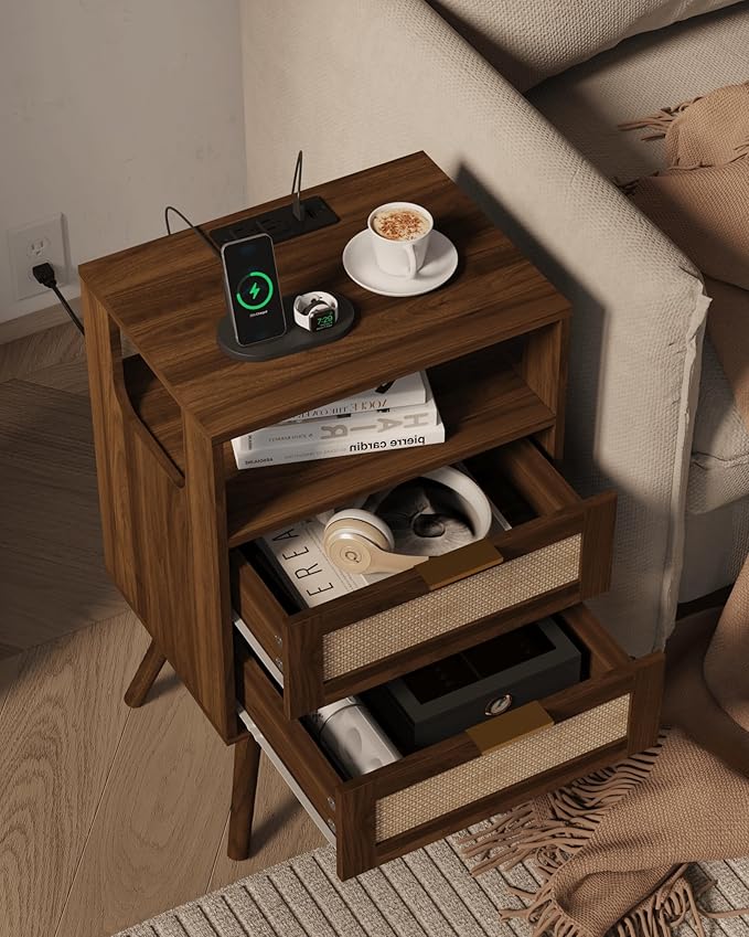 Veegle Rattan Nightstand with Charging Station,Modern Bedside Table with 2 Storage Drawer and Open Wood Shelf, for Bedroom and Small Spaces,Night Stand with Solid Wood Legs (Walnut Brown)