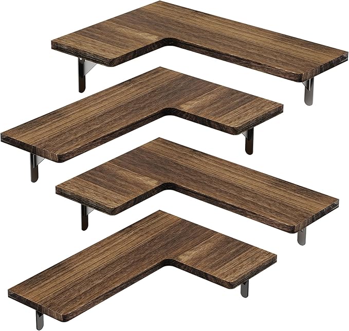 Amada HOMEFURNISHING Corner Floating Shelves, Set of 4 Corner Wall Shelves, Shelves for Wall Decor, Corner Wood Shelves for Home Decor, Office, Bedroom, Bathroom, Laundry Room, Kitchen, Brown