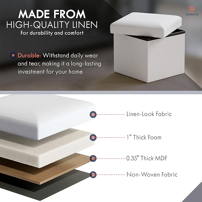 Ornavo Home Small Storage Ottoman, Set of 2 Foldable Collapsible Cube Square Linen Ottoman Foot Rest Stool Seat, for Living Room, Bedroom, Home Office, Dorm - 12 x 12 x 12, White