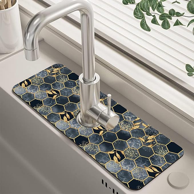 Kitchen Sink Splash Hexagon Marble and Golden Leaves Guard Faucet Mat Super Absorbent Fast Drying Mat Guard Behind Faucet Drip Catcher for Kitchen Bathroom, 15.5"X5.5"