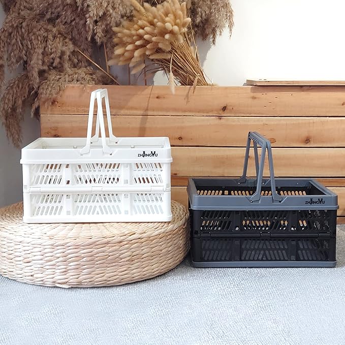 crates for storage,plastic baskets for organizing,collapsible shopping basket,foldable crate with Handles,collapsible storage crate,car basket,for Kitchen,Bathroom,Medicine (White, S)