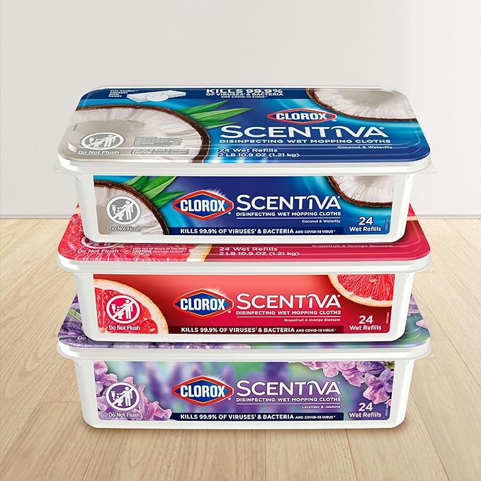 Clorox Scentiva Disinfecting Wet Mop Pad, Disposable Heads, Multi-Surface Floor Wipes, Lavender and Jasmine, 2 Packs, 24 Refills Per Pack (Package May Vary)