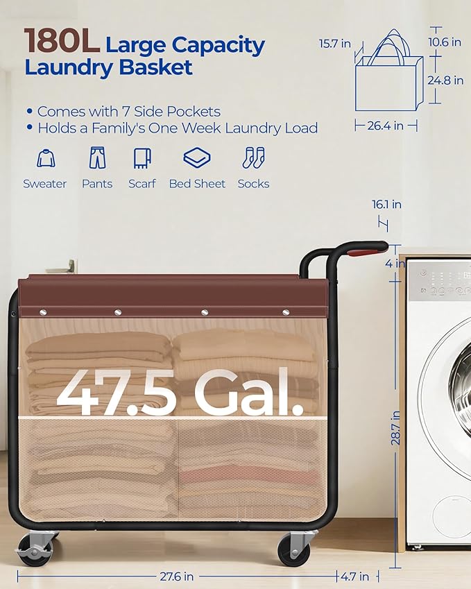 Kayfia 180L Laundry Basket with Wheels, Rolling Laundry Hamper with Wood Handle and Removable Bag, 7 Side Pockets, Heavy-Duty Steel Frame Large Dirty Clothes Hampers for Home Organization