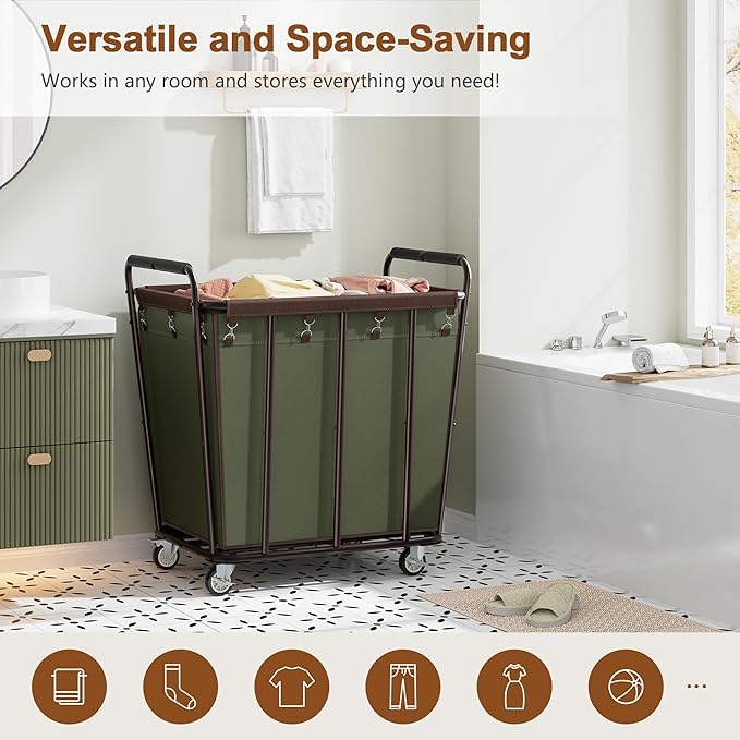 Hoctieon Large Laundry Cart with Wheels, 400L Heavy Duty Laundry Basket Organizer, Rolling Hamper Sorter for Clothes Storage, Industrial Dirty Clothes Hamper for Home & Hotel, Green+Brown