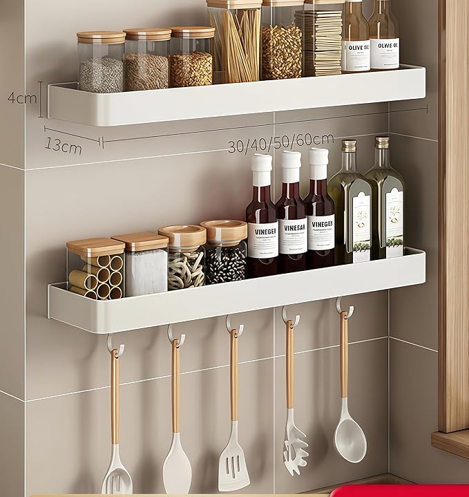 SEIDO Space-Saving Kitchen Utensil Holder | No-Drill Shelf Organizer | Wall Mount Spice Rack with Hooks | Space Aluminum | 20 Inch Long | White | 2-Piece Set