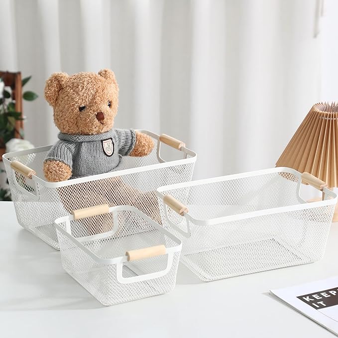 Metal Mesh Steel Basket, Large Wire Storage Organizer Basket Multi-function Hanging Kitchen Baskets with Wood Handle for Kitchen Bathroom Picnic Home, Rectangle-Off White
