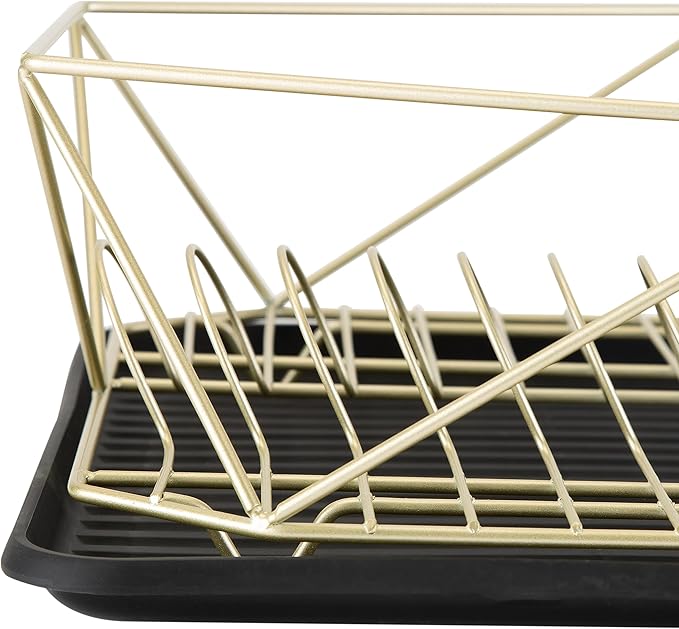 Kitchen Details Geode Deluxe Dish Drying Rack with Drain Board | Cutlery Basket | Utensil Holder | Iron Frame | Satin Gold