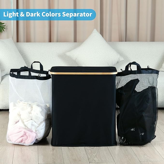 efluky Laundry Hamper with Lid, Double Laundry Hamper with 2 Removable Bags, 2 Section Laundry Basket with Bamboo Handles for Bathroom, Bedroom & Laundry Room, 140L (36.9 Gallon) Black
