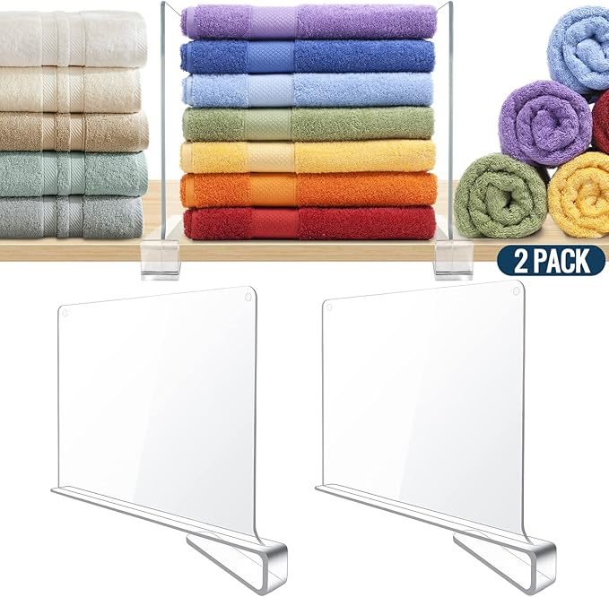 BAUMFEUER 2 Pack Clear Acrylic Shelf Dividers for Closet Shelf Organizer of Bedroom Kitchen Office Bathroom Organizer for Clothes Books and Handbags