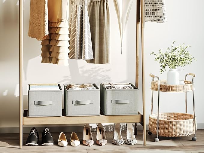 3 Pack Fabric Storage Bins for Shelves | 11.5x8.75x6.5in Closet Storage Baskets | Collapsible Storage Bins | Fabric Closet Organizers with Handles | Light Gray