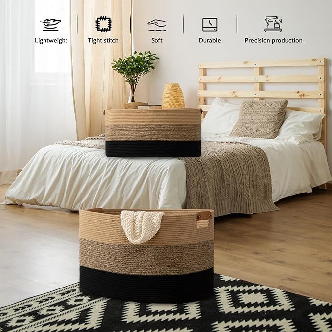 danpinera Large Woven Basket, 108L Large Blanket Basket for Living Room, Nursery, Cotton Woven Hamper for Toy Organizing & Laundry, 25’’*16’’*16’’ Gradient Linen